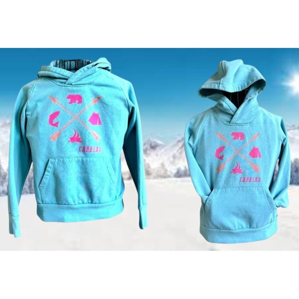 Cabelas Fleece Lined Hooded Jacket Unsex Youth Small Light Blue Logo Pockets
